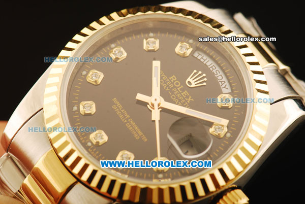 Rolex Day-Date Automatic Two Tone with Black Dial and Gold Bezel - Click Image to Close